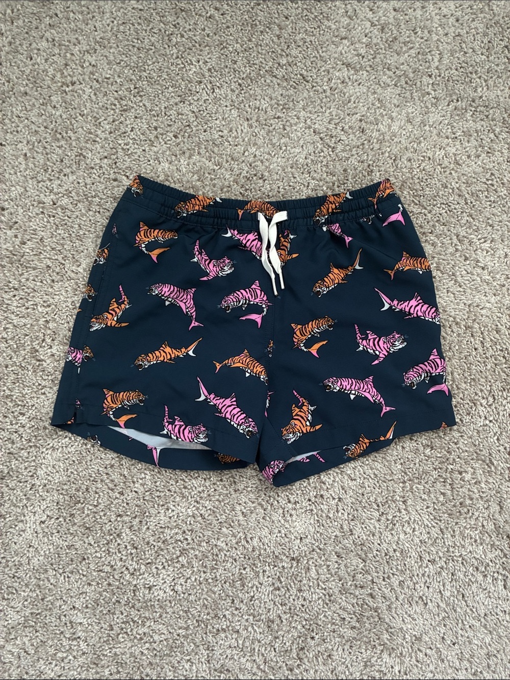 chubbies Navy Swim Shorts with Pink & Orange Tiger Shark Print